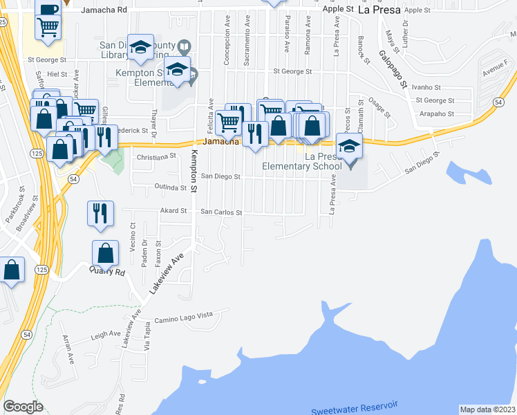 map of restaurants, bars, coffee shops, grocery stores, and more near 412 Grand Avenue in Spring Valley