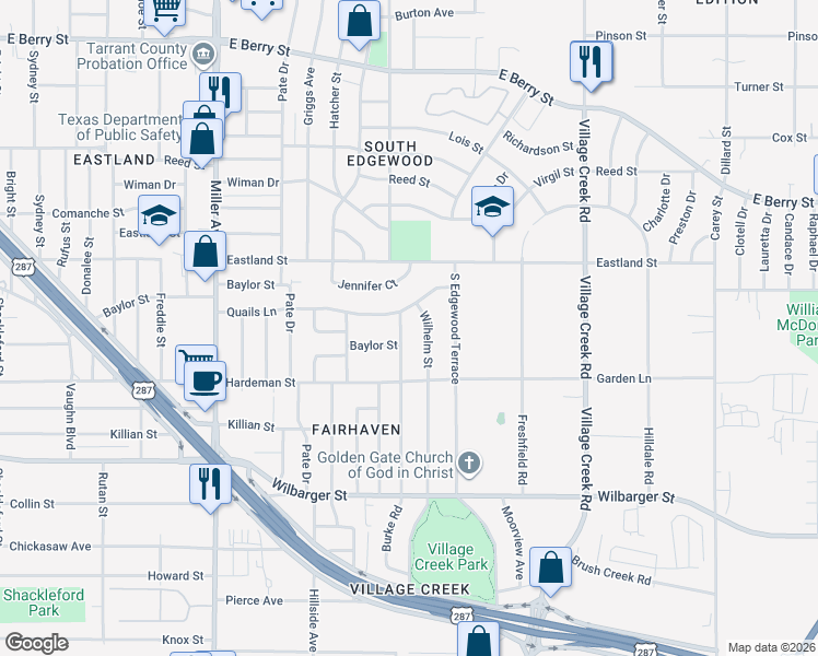 map of restaurants, bars, coffee shops, grocery stores, and more near 4101 Burke Road in Fort Worth