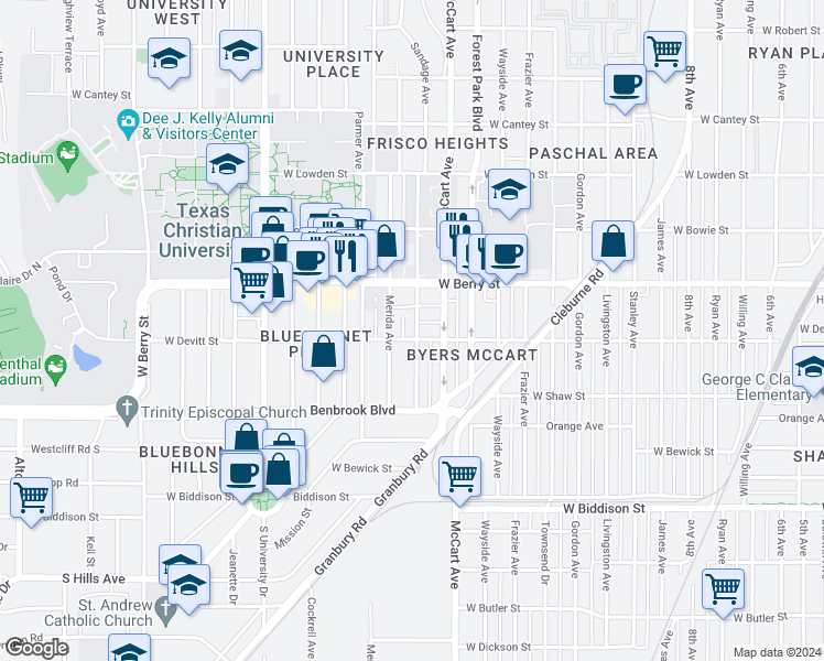 map of restaurants, bars, coffee shops, grocery stores, and more near 3140 Sandage Avenue in Fort Worth