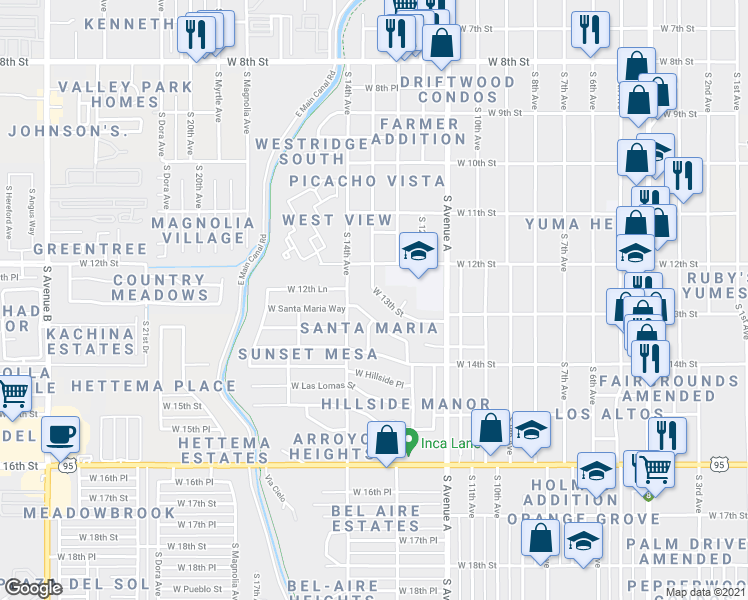 map of restaurants, bars, coffee shops, grocery stores, and more near 1365 West 13th Street in Yuma