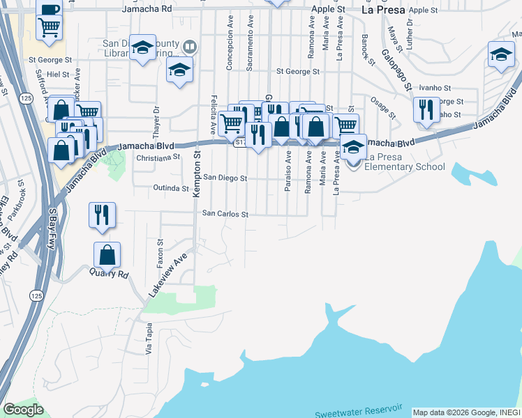 map of restaurants, bars, coffee shops, grocery stores, and more near 412 Grand Avenue in Spring Valley