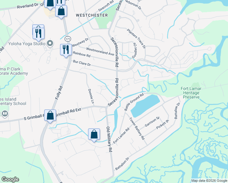 map of restaurants, bars, coffee shops, grocery stores, and more near 1609 Secessionville Road in Charleston