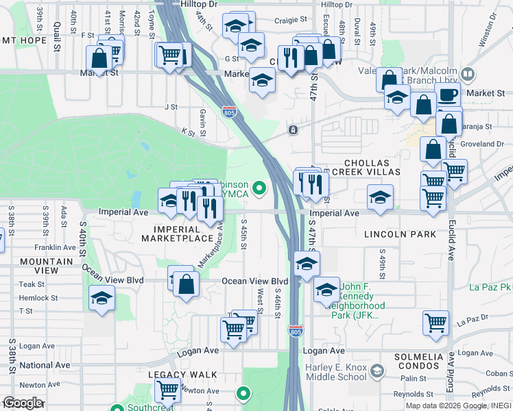 map of restaurants, bars, coffee shops, grocery stores, and more near 4512 Imperial Avenue in San Diego