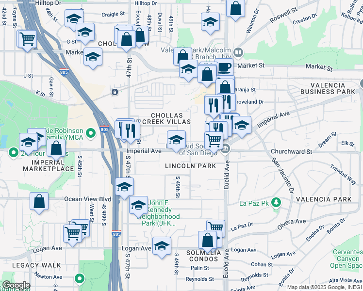 map of restaurants, bars, coffee shops, grocery stores, and more near 120 Willie James Jones Avenue in San Diego
