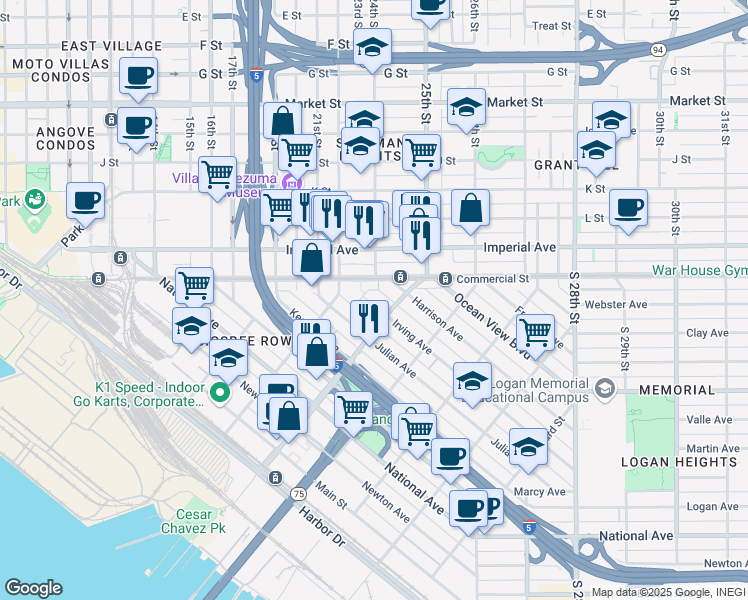 map of restaurants, bars, coffee shops, grocery stores, and more near 1862 Irving Avenue in San Diego