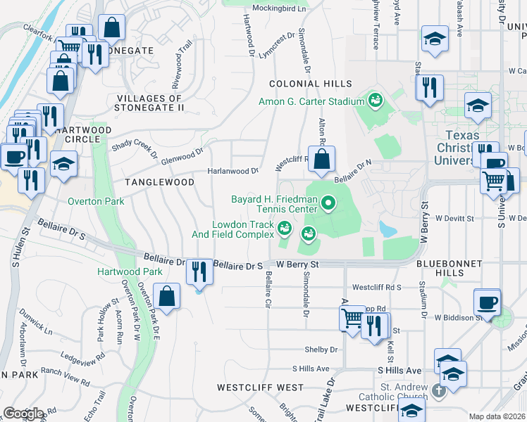 map of restaurants, bars, coffee shops, grocery stores, and more near 3171 Westcliff Road West in Fort Worth