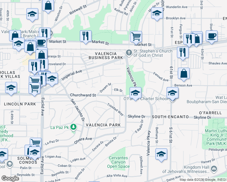 map of restaurants, bars, coffee shops, grocery stores, and more near 5605 Elk Street in San Diego
