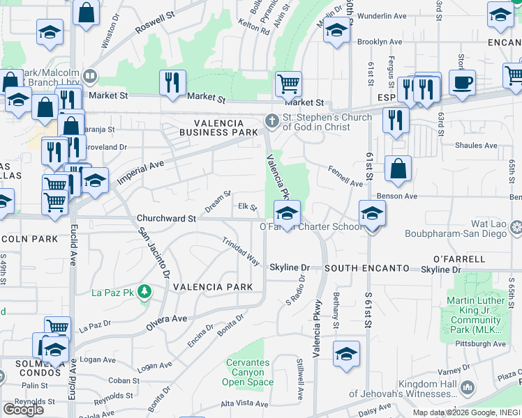 map of restaurants, bars, coffee shops, grocery stores, and more near 5734 Elk Street in San Diego