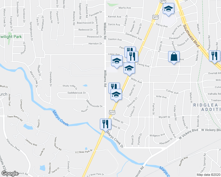 map of restaurants, bars, coffee shops, grocery stores, and more near 4643 Williams Road in Benbrook