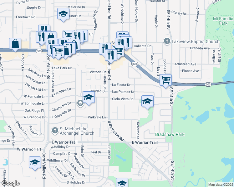 map of restaurants, bars, coffee shops, grocery stores, and more near 817 Las Palmas Drive in Grand Prairie