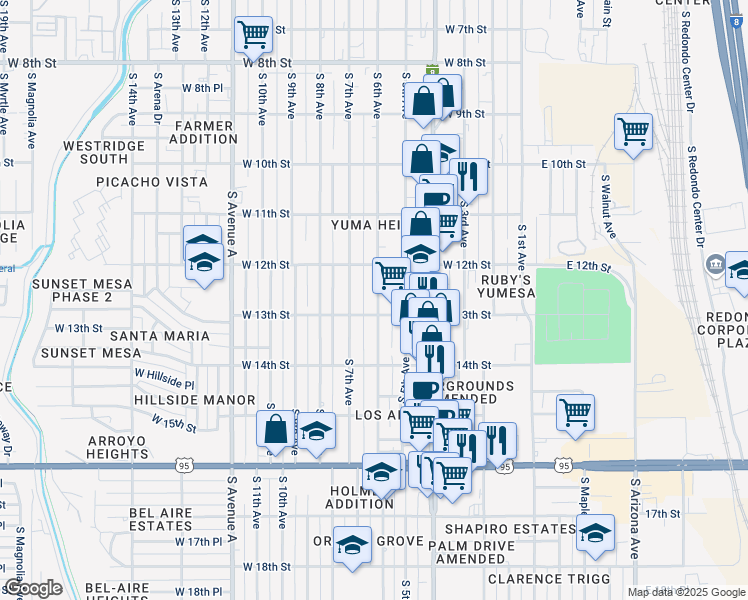 map of restaurants, bars, coffee shops, grocery stores, and more near 1255 South 6th Avenue in Yuma