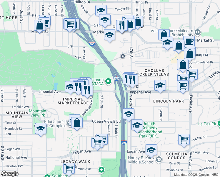 map of restaurants, bars, coffee shops, grocery stores, and more near 4512 Imperial Avenue in San Diego