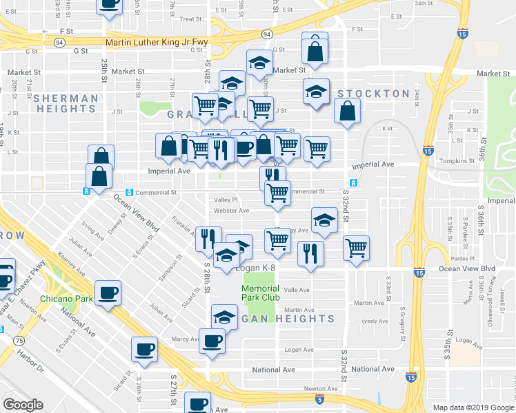 map of restaurants, bars, coffee shops, grocery stores, and more near 2958 Webster Avenue in San Diego