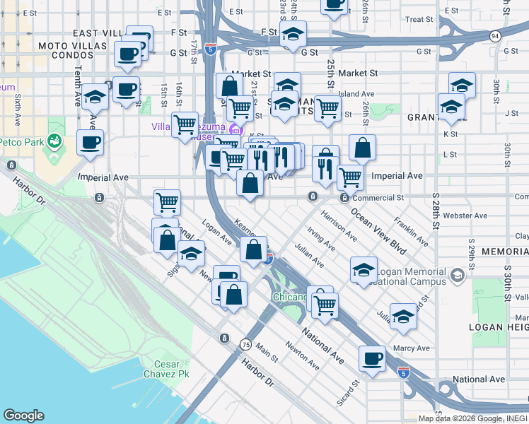 map of restaurants, bars, coffee shops, grocery stores, and more near 1802 Julian Avenue in San Diego