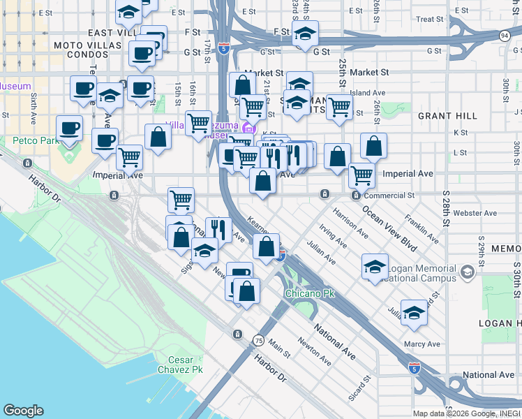 map of restaurants, bars, coffee shops, grocery stores, and more near 1749 Julian Avenue in San Diego