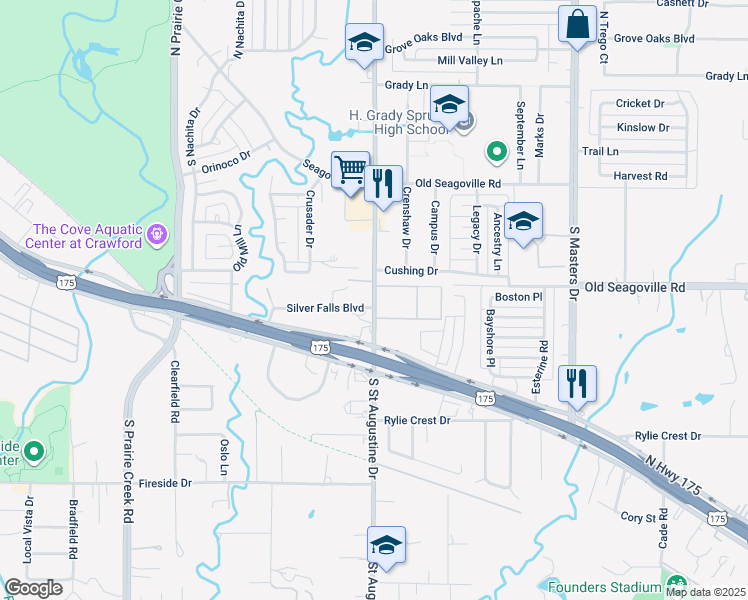 map of restaurants, bars, coffee shops, grocery stores, and more near 442 South Saint Augustine Drive in Dallas