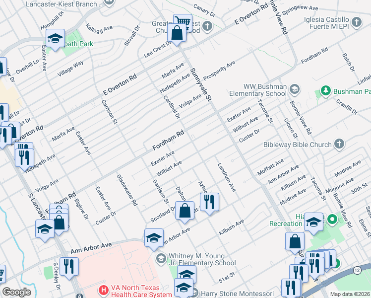 map of restaurants, bars, coffee shops, grocery stores, and more near 2511 Exeter Avenue in Dallas