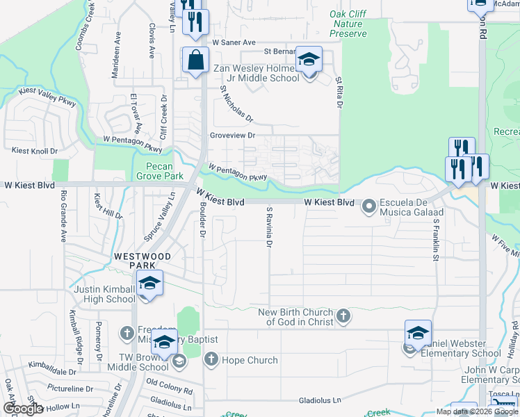 map of restaurants, bars, coffee shops, grocery stores, and more near 3030 West Kiest Boulevard in Dallas