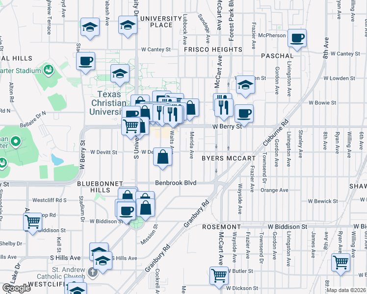 map of restaurants, bars, coffee shops, grocery stores, and more near 3140 Merida Avenue in Fort Worth