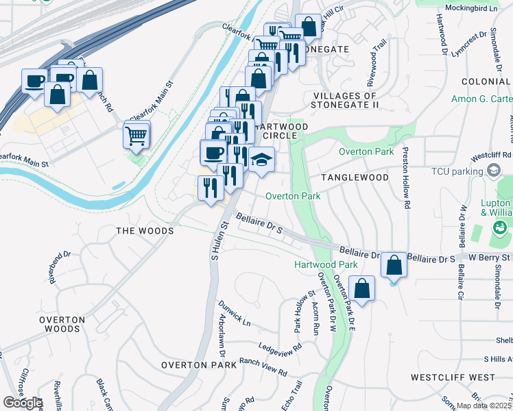 map of restaurants, bars, coffee shops, grocery stores, and more near 4320 Harlanwood Drive in Fort Worth