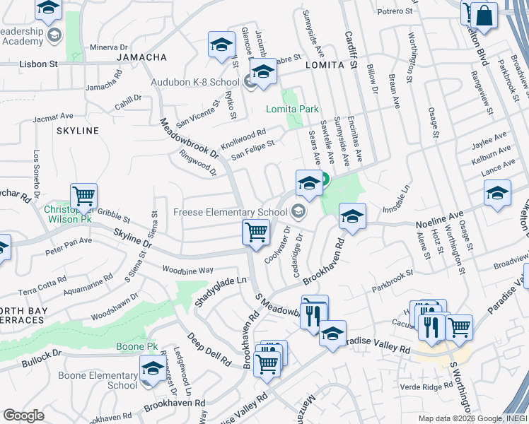 map of restaurants, bars, coffee shops, grocery stores, and more near 8025 Gribble Street in San Diego