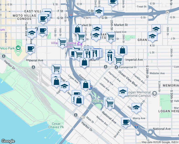 map of restaurants, bars, coffee shops, grocery stores, and more near 690 Beardsley Street in San Diego