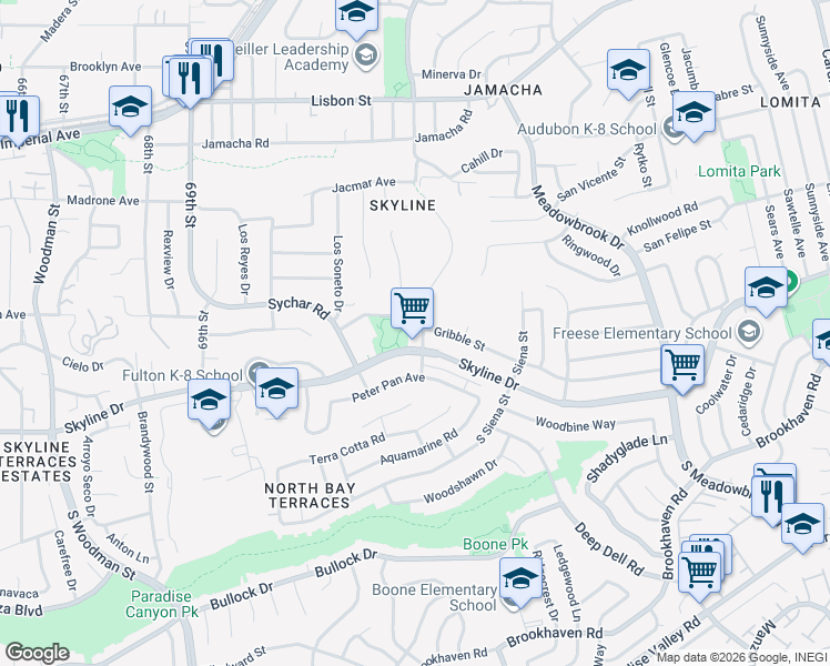 map of restaurants, bars, coffee shops, grocery stores, and more near 116 Lausanne Drive in San Diego