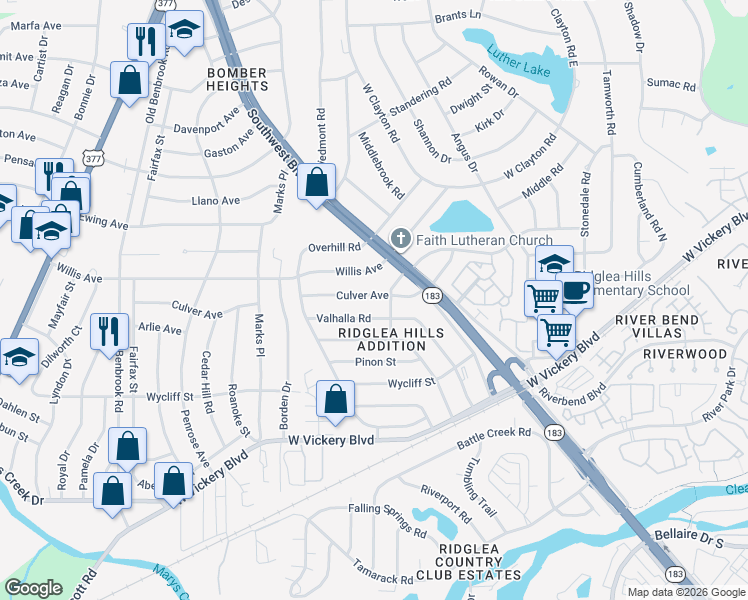 map of restaurants, bars, coffee shops, grocery stores, and more near 7009 Culver Avenue in Fort Worth