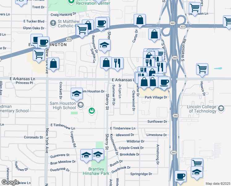 map of restaurants, bars, coffee shops, grocery stores, and more near 2403 Summer Pl Dr in Arlington
