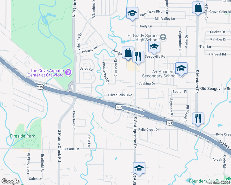 map of restaurants, bars, coffee shops, grocery stores, and more near 9437 Silver Falls Boulevard in Dallas