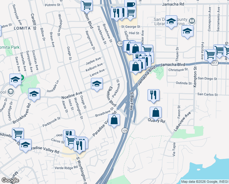 map of restaurants, bars, coffee shops, grocery stores, and more near 549 Elkelton Boulevard in Spring Valley