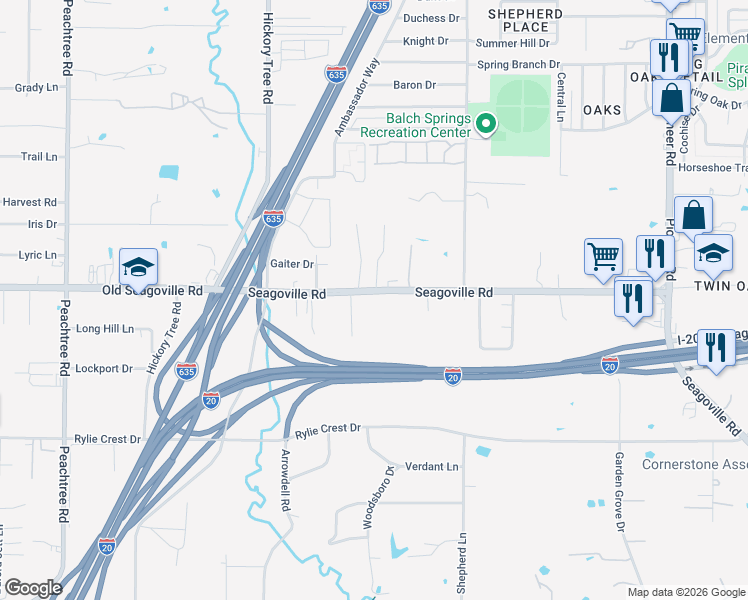 map of restaurants, bars, coffee shops, grocery stores, and more near 12108 Seagoville Road in Balch Springs