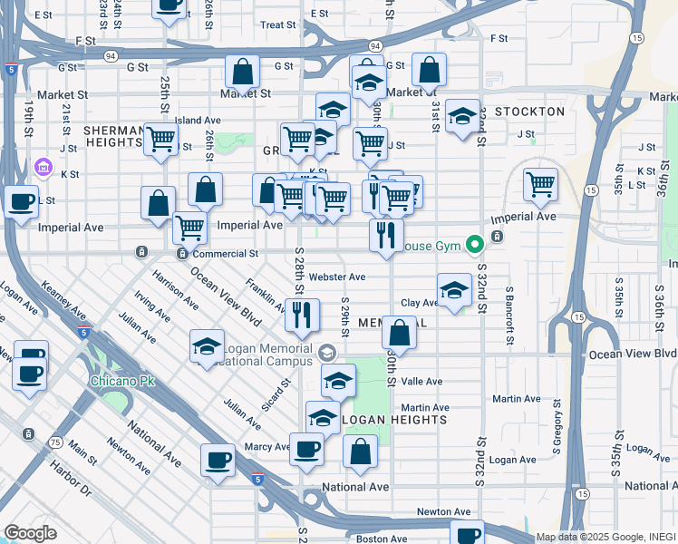 map of restaurants, bars, coffee shops, grocery stores, and more near 2886 Webster Avenue in San Diego