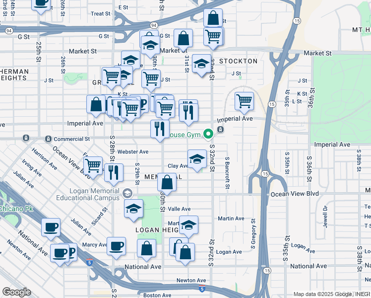 map of restaurants, bars, coffee shops, grocery stores, and more near 3094 Webster Avenue in San Diego