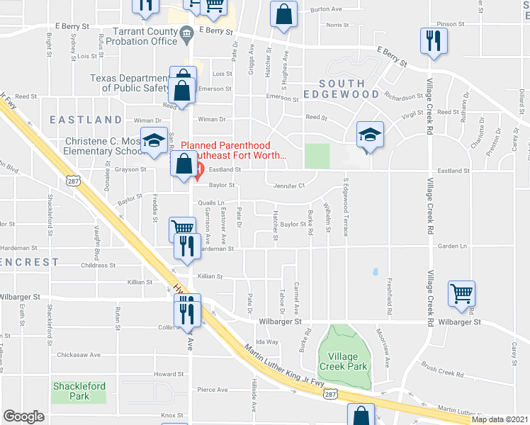 map of restaurants, bars, coffee shops, grocery stores, and more near 3983 Griggs Court in Fort Worth