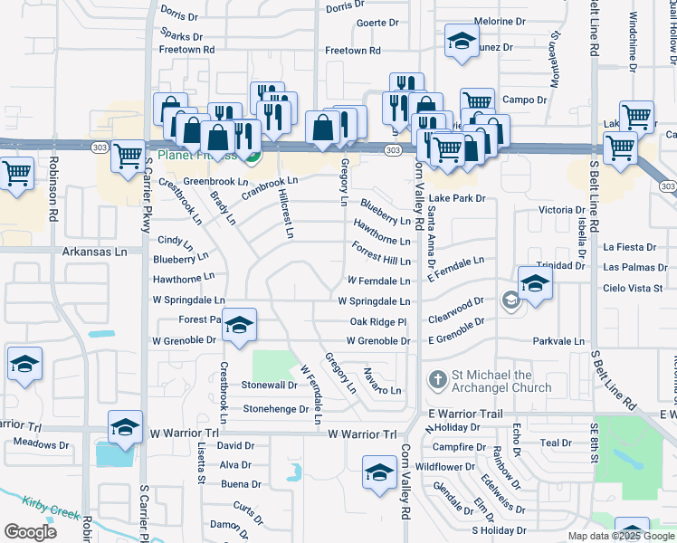 map of restaurants, bars, coffee shops, grocery stores, and more near 2734 Gregory Lane in Grand Prairie