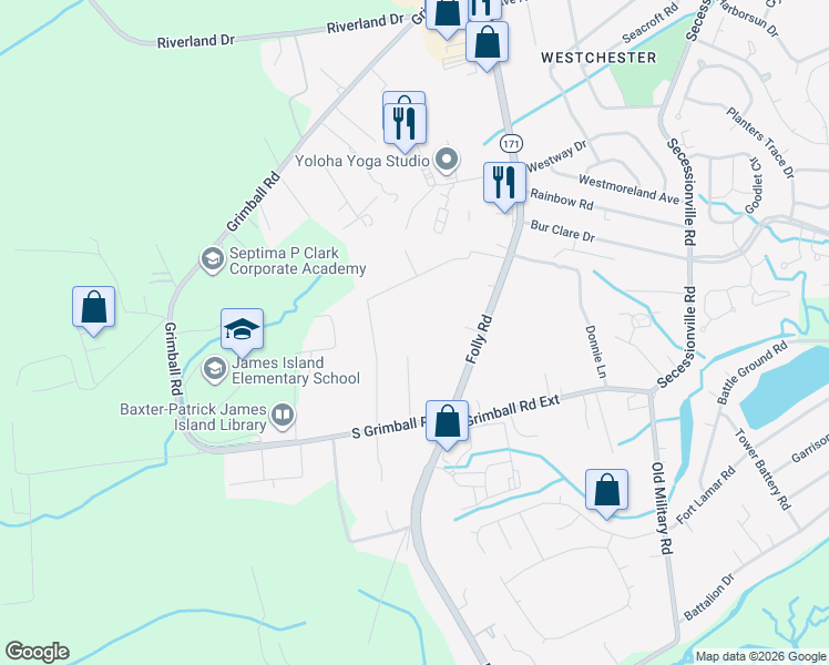 map of restaurants, bars, coffee shops, grocery stores, and more near 1566 Scott Hill Road in Charleston
