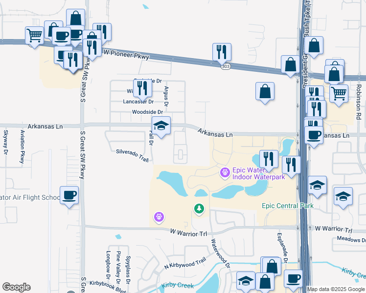 map of restaurants, bars, coffee shops, grocery stores, and more near 2255 Arkansas Lane in Grand Prairie