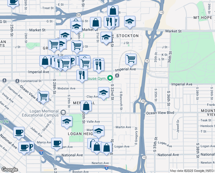 map of restaurants, bars, coffee shops, grocery stores, and more near 3164 Webster Avenue in San Diego