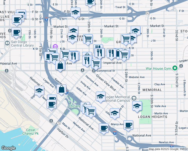 map of restaurants, bars, coffee shops, grocery stores, and more near 1967 Ocean View Blvd in San Diego