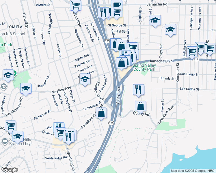 map of restaurants, bars, coffee shops, grocery stores, and more near 534 Broadview Street in Spring Valley