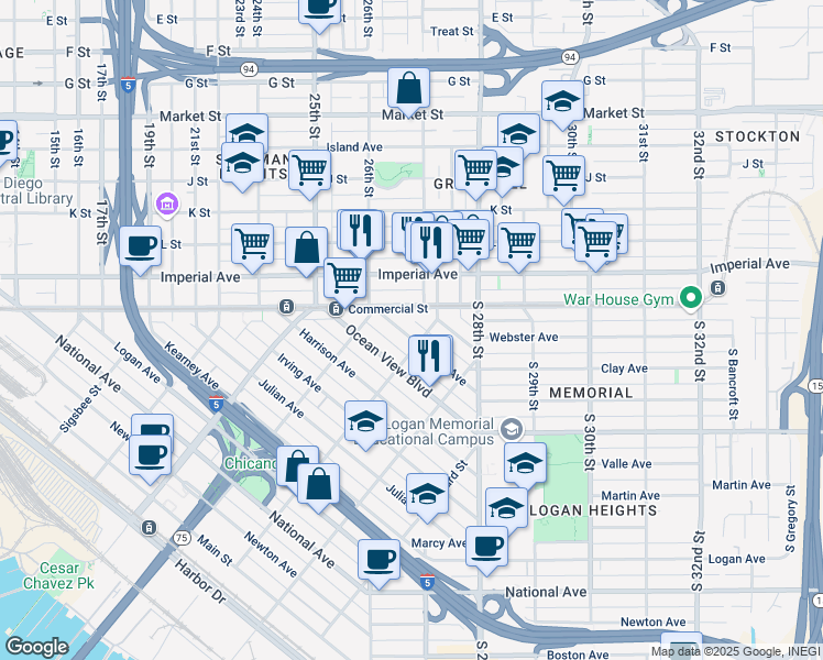 map of restaurants, bars, coffee shops, grocery stores, and more near 2076 Franklin Avenue in San Diego