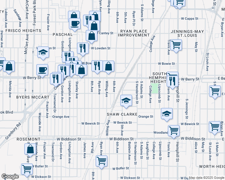 map of restaurants, bars, coffee shops, grocery stores, and more near 3136 6th Avenue in Fort Worth