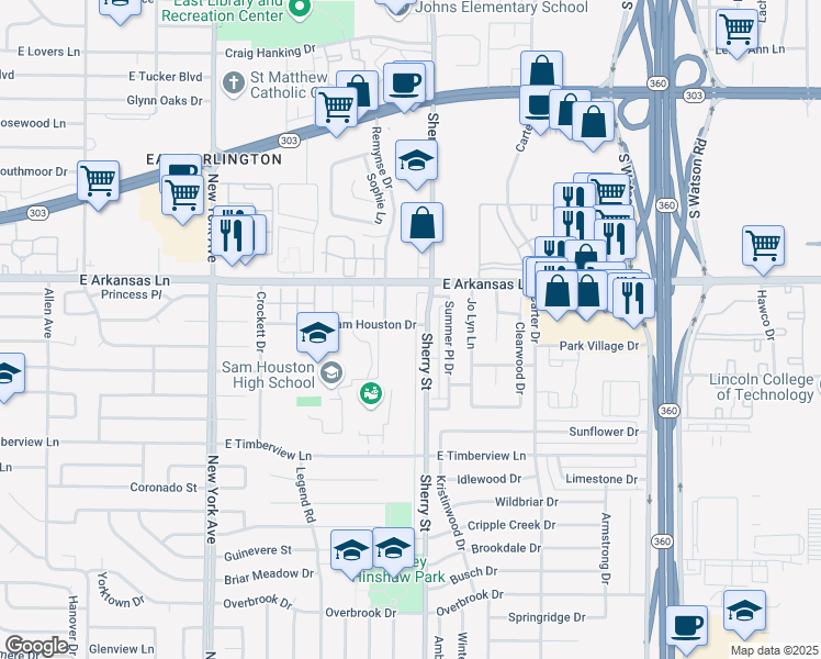 map of restaurants, bars, coffee shops, grocery stores, and more near 2130 East Arkansas Lane in Arlington