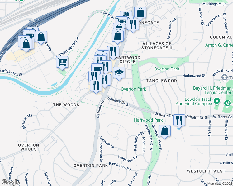 map of restaurants, bars, coffee shops, grocery stores, and more near 4320 Harlanwood Drive in Fort Worth