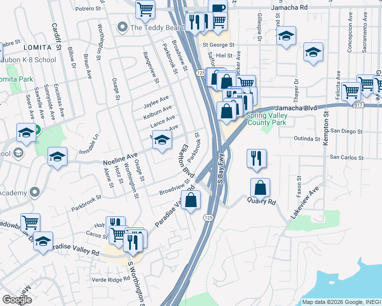 map of restaurants, bars, coffee shops, grocery stores, and more near 524 Parkbrook St in Spring Valley