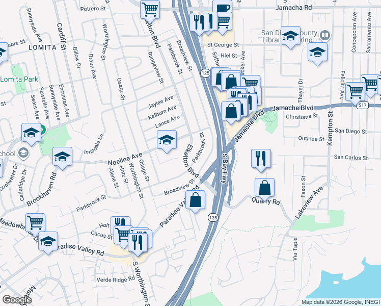 map of restaurants, bars, coffee shops, grocery stores, and more near 549 Elkelton Boulevard in Spring Valley