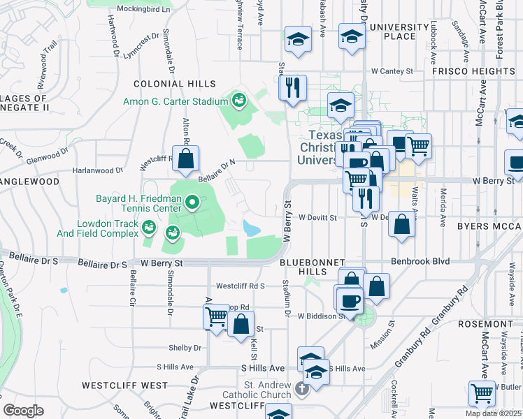 map of restaurants, bars, coffee shops, grocery stores, and more near 3428 Pond Drive in Fort Worth