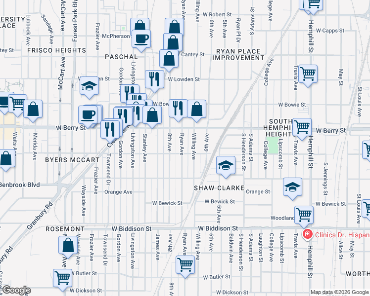 map of restaurants, bars, coffee shops, grocery stores, and more near 3137 Ryan Avenue in Fort Worth