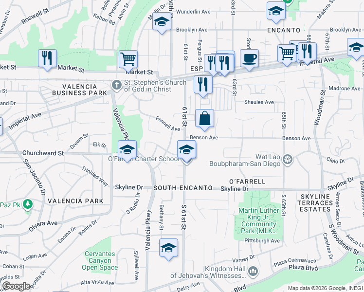 map of restaurants, bars, coffee shops, grocery stores, and more near 160 61st Street in San Diego